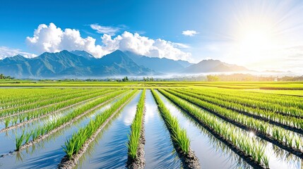 Fototapeta premium Vibrant rice paddy fields under bright sunlight mountainous landscape nature photography scenic view tranquil atmosphere