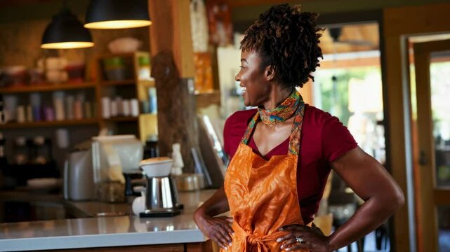 Smiling woman in an orange apron stands confidently in a cozy cafe. Medium shot captures warm ambiance. Ideal for a promotional video on hospitality.