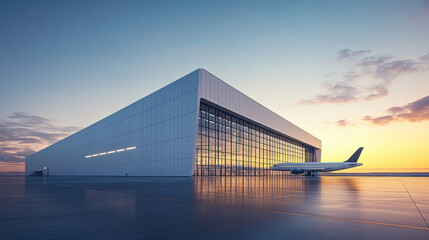 Exterior photo of a white hangar with glass walls