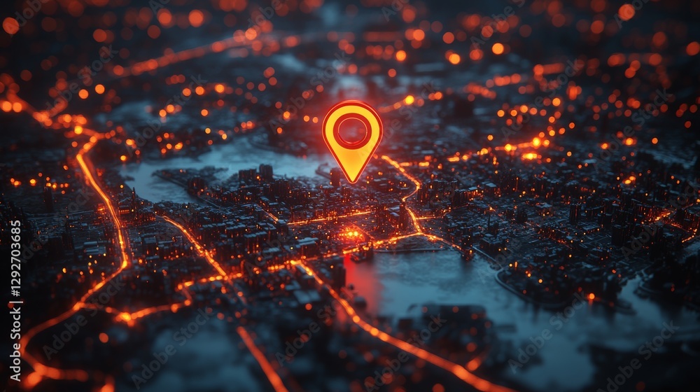 Poster gps navigation concept with glowing city map and red location marker, aerial night view. technology 