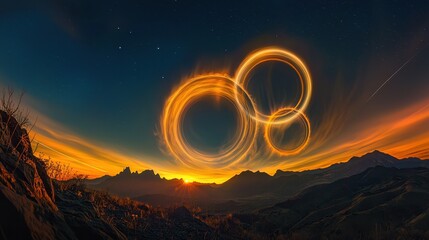 A surreal planetary eclipse bends the sky into radiant loops of glowing plasma