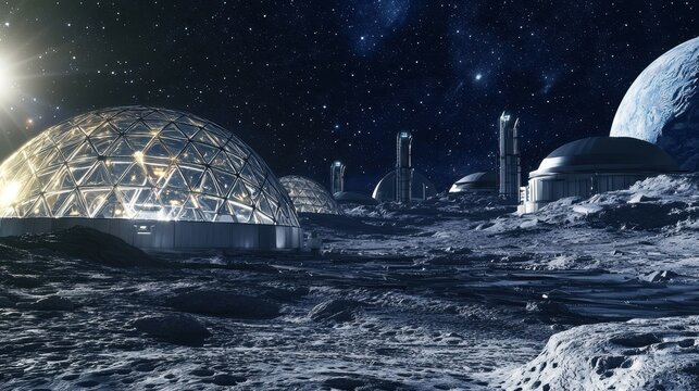 A futuristic lunar biodome thrives under artificial sunlight glowing under a sky filled with stars