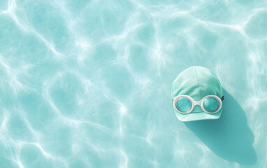 Refreshing water surface with swimming cap and goggles, perfect for summer vibes and leisure activities.