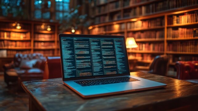 Laptop displaying code in a cozy library setting
