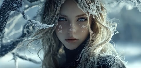 Girl with Frosted Hair: Snow Dance Unveiling Animal Footprints and Majestic Trees in a Pristine Winter World