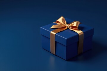 Obraz premium A luxuriously wrapped present, a cobalt blue box adorned with a golden ribbon, sits elegantly on a matching backdrop.