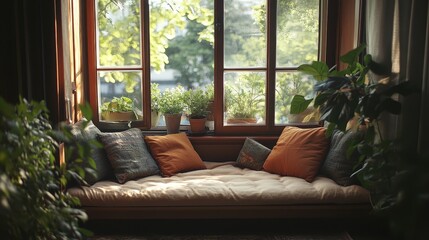 Fototapeta premium Cozy window seat with plants & cushions. Perfect for relaxation, reading, or enjoying the view.