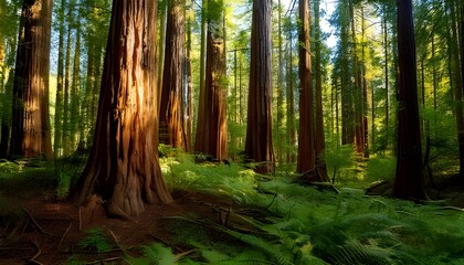 Obraz premium Scenic view of towering redwoods in Big Basin, California, with dense forest atmosphere