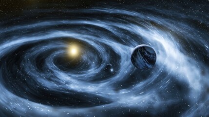 A cosmic energy storm bends planetary orbits forming surreal waves of gravitational light