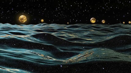 A surreal celestial ocean where moons float like islands reflecting constellations in the waves