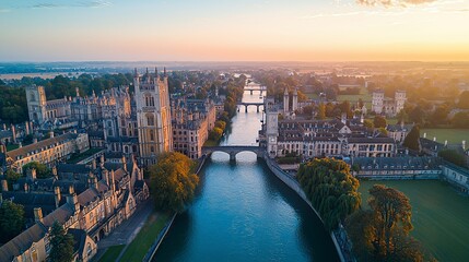 Aerial view of Cambridge at sunrise, showing the River Cam, bridges, and historic buildings.