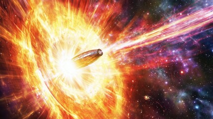 Obraz premium A futuristic spaceship orbits a luminous supernova absorbing radiant energy from deep space