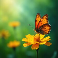 Obraz premium Orange butterfly, brown wings, yellow flower, summer garden, flora, macro, wildlife
