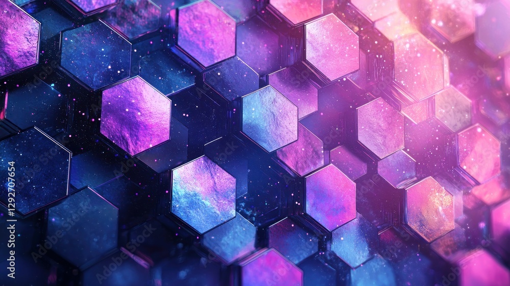 Poster colorful hexagonal pattern with cosmic elements and bright lights