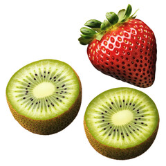 Two fresh kiwis with bright green flesh and tiny black seeds displayed on a rustic wooden surface isolated on transparent background..