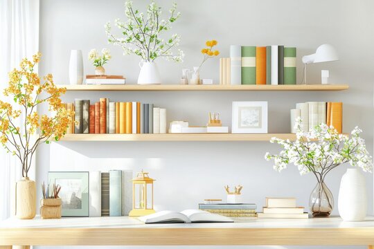 Bright Artistic Shelves with Colorful Books and Charming Flower Arrangements Creating A Cozy Workspace Atmosphere