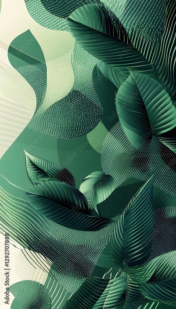 Poster textured green botanical illustration of layered leaves and abstract forms