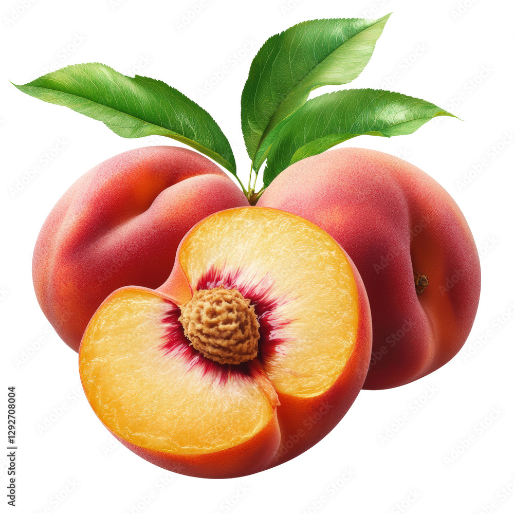 Aufkleber fresh juicy peach with a leaf attached resting on a soft surface ready to be enjoyed as a healthy sn