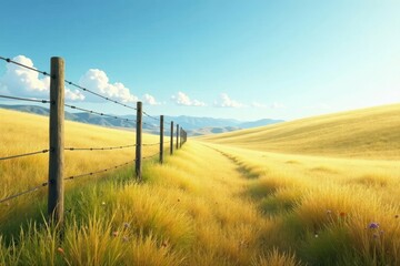 Obraz premium Serene golden grassland landscape with a rustic wooden fence stretching towards distant rolling hills under a vibrant summer sky