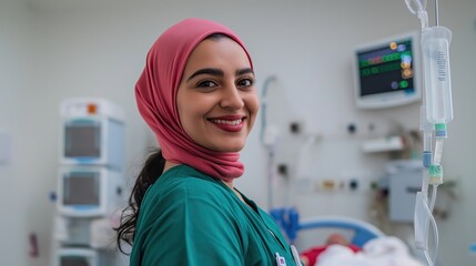 Obraz premium Smiling Muslim nurse working diligently in a hospital room, providing compassionate care next to a patient bed, embodying professionalism and hope