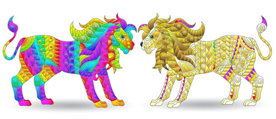 A set of illustrations in the style of stained glass with abstract lions, animals isolated on a white background