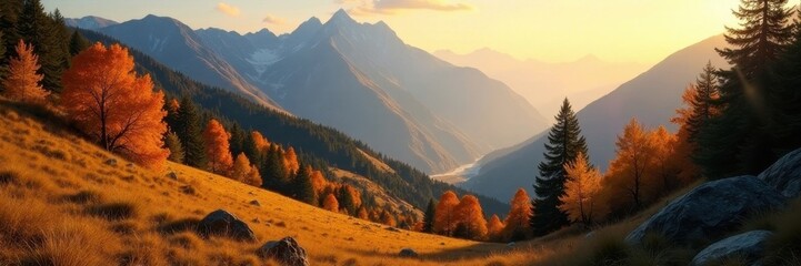 Fototapeta premium Golden sunlight bathes a tranquil mountain valley in autumn hues , tranquil, texture