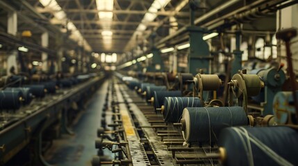 Fototapeta premium Industrial Textile Factory with Spools and Machinery in a Long-Awaited Production Line