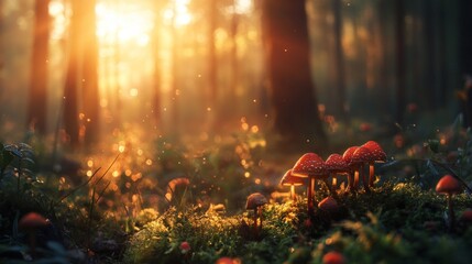 Magical mushrooms glow in the light of a forest sunrise.