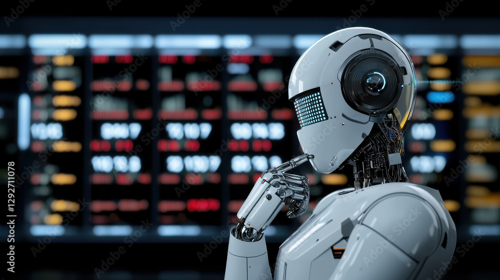 Poster futuristic robot with digital interface pondering data analysis. , recession concept