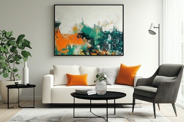 Fototapeta premium Modern Living Room with Abstract Wall Art & Contemporary White-Orange Decor