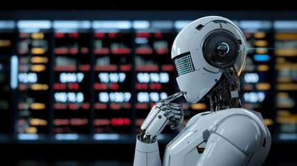 Fototapeta premium Futuristic robot with digital interface pondering data analysis. , Recession concept