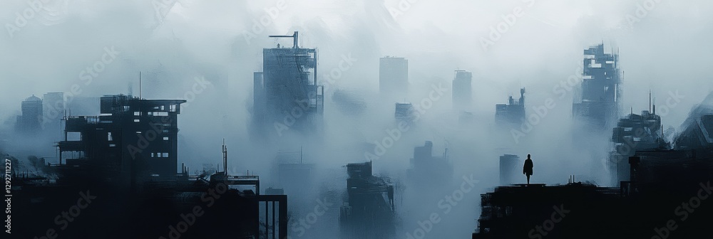 Poster cityscape enveloped in gray smog with fading silhouettes of buildings against a muted sky. generativ