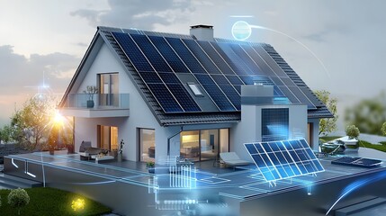 Futuristic smart home with sleek solar panels on the rooftop glowing energy flow sustainable renewable power system eco friendly architecture wide banner with copy space