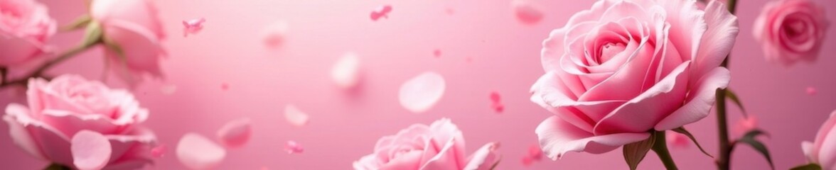 Obraz premium Large pink rose heads & pink confetti, soft focus, solid pink backdrop, smooth, bloom