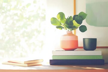 Bright Cheerful Green Plant Decorated Workspace Backdrop for Zoom Virtual Meetings, Inviting and Stylish Ambiance