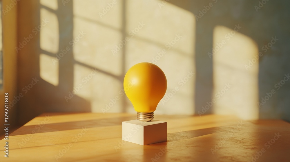 Poster Yellow light bulb on a wooden table in soft natural light, casting shadows through window grid. Creativity and innovation concept