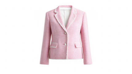 A stylish pink blazer with a textured pattern and two front pockets.