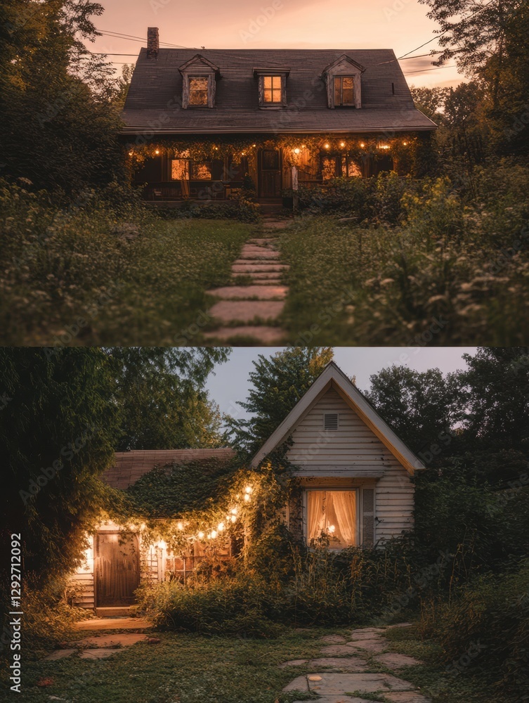 Poster contrast between an abandoned house overtaken by nature and a beautifully restored cottage glowing w