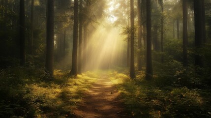 Fototapeta premium Sunlight beams through the trees in a misty forest.