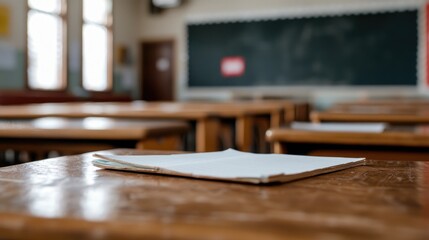 Empty classroom, open notebook on desk, educational setting, school interior, photo use in educational materials