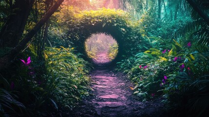 Enchanted forest path leads through a magical green portal
