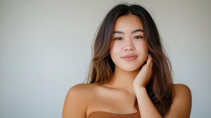 Obraz premium Portrait of a beautiful young Asian woman gently touching her face with her hand, posing on a white background