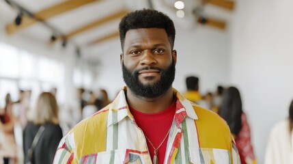 Fototapeta premium Portrait of a stylish african american businessman standing in a busy office lobby, representing diversity and inclusion in the workplace