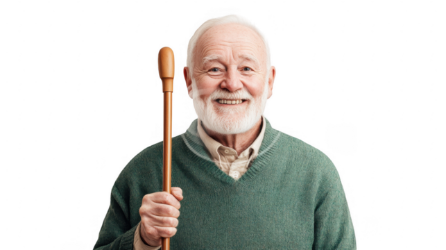 A smiling elderly man holds a wooden cane, wearing a green sweater and a light-colored shirt. - Powered by Adobe