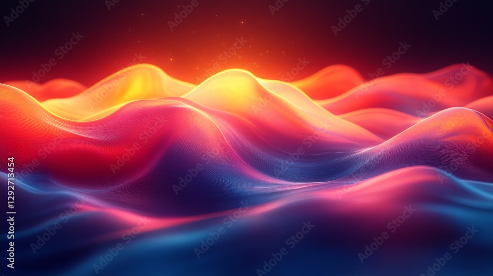 Poster vibrant abstract multicolored landscape with glowing waves and smooth textures, illuminated by soft 