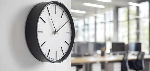 Modern minimalist wall clock hanging on office wall with sleek design and monochrome tones for a contemporary look.