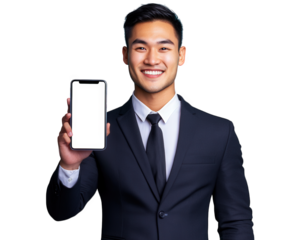 smiling businessman in suit holds up smartphone, showcasing blank screen. His confident expression conveys professionalism and approachability