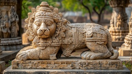 Fototapeta premium Ornate stone lion statue, ancient, detailed carving, reclined pose, temple ruins background.