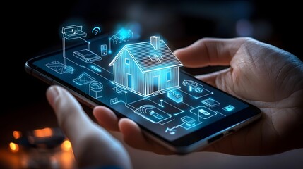 Hands holding a smartphone displaying a smart home app with a glowing 3D house icon symbolizing the future of remote home security management and intelligent housing technology