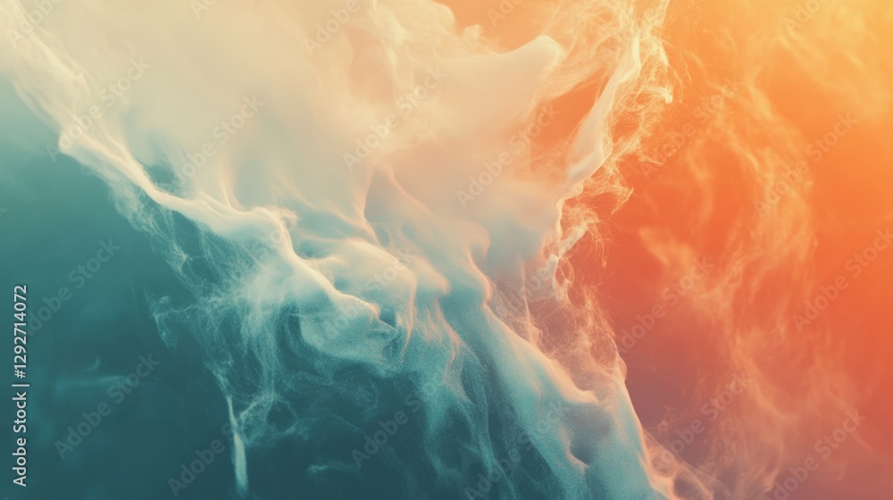 Poster abstract smoky swirling patterns in turquoise and orange tones, ethereal and atmospheric effect. mys